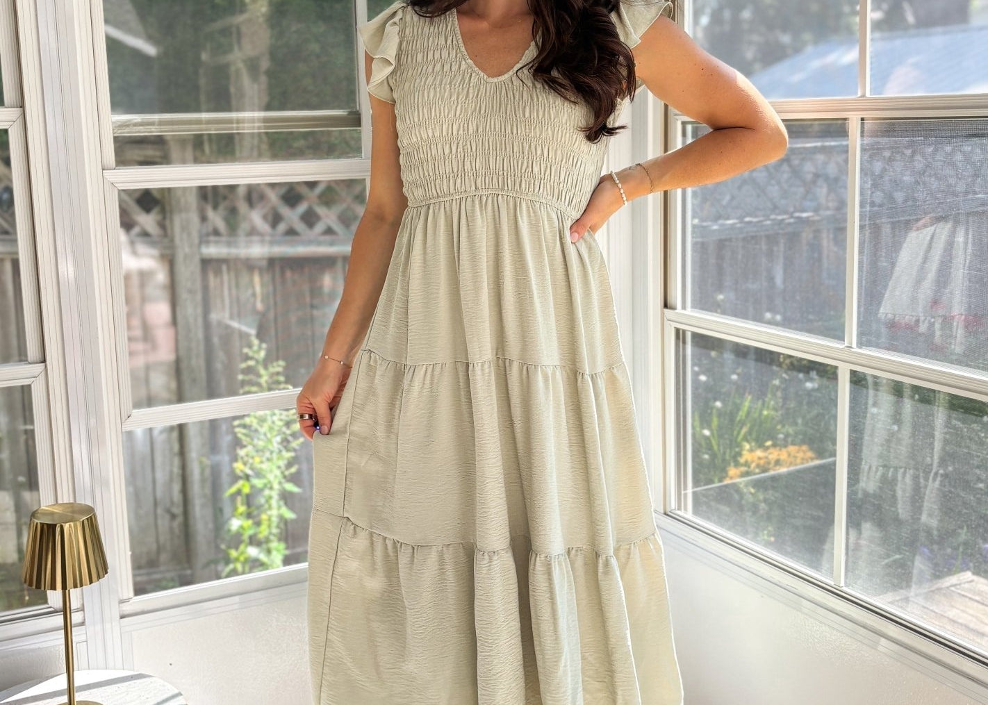 The Maureen Flutter Sleeve V Neck Smocked Midi Dress - Love and Lee Apparel