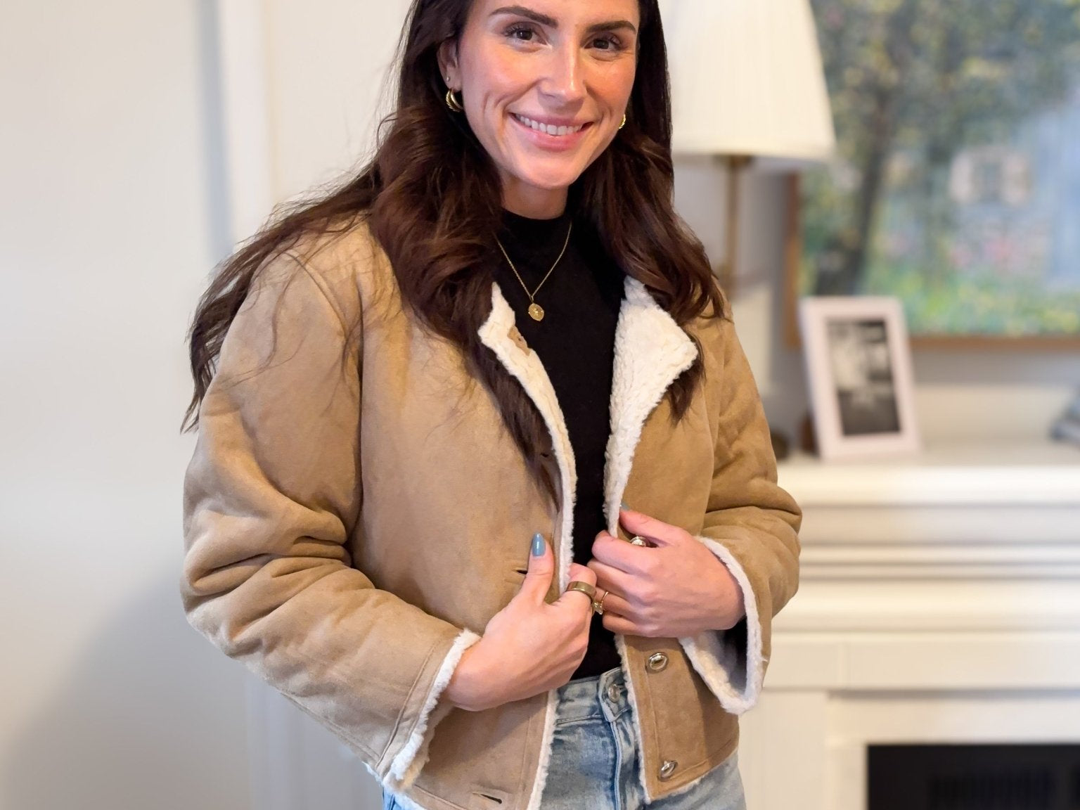The Monique Long Sleeve Gold Button Closure Inner Fur Faux Suede Jacket - Love and Lee Apparel