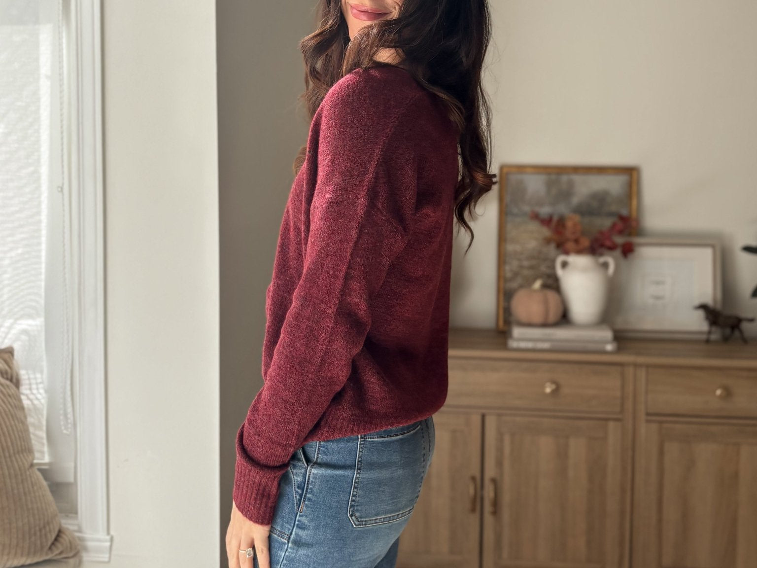 The 'Elanora' Long Sleeve V-Neck Pullover Knit in Cabernet - Love and Lee Apparel