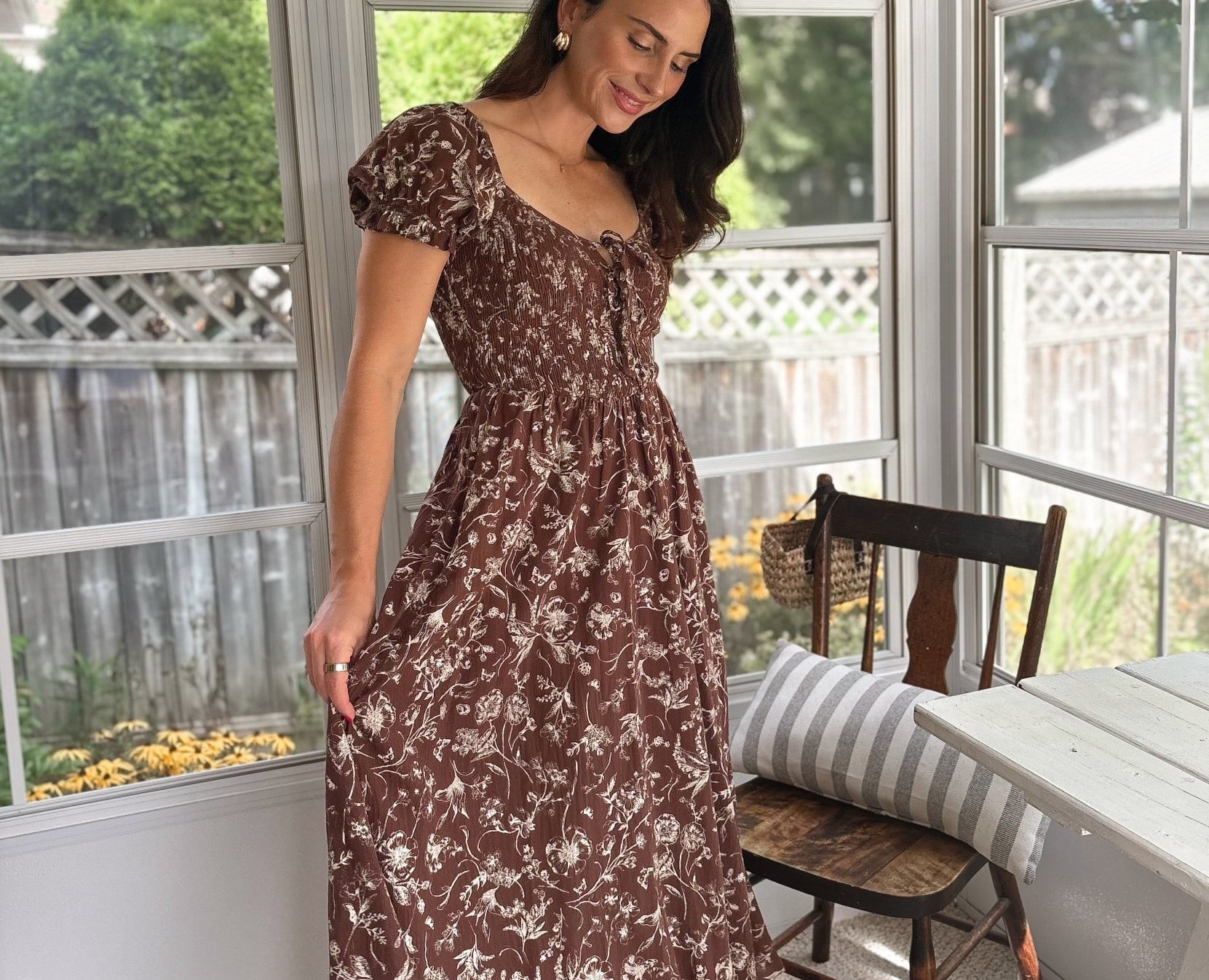 The Elphie Floral Toile Front Tie Smocked Midi Dress - Love and Lee Apparel