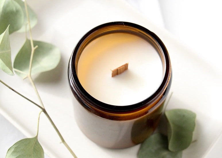 Magnolia + Sandalwood 8 oz. Soy Wax Candle with Wood Wick in Amber Jar - Love and Lee Apparel