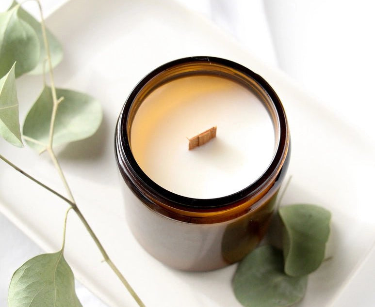 Magnolia + Sandalwood 8 oz. Soy Wax Candle with Wood Wick in Amber Jar - Love and Lee Apparel