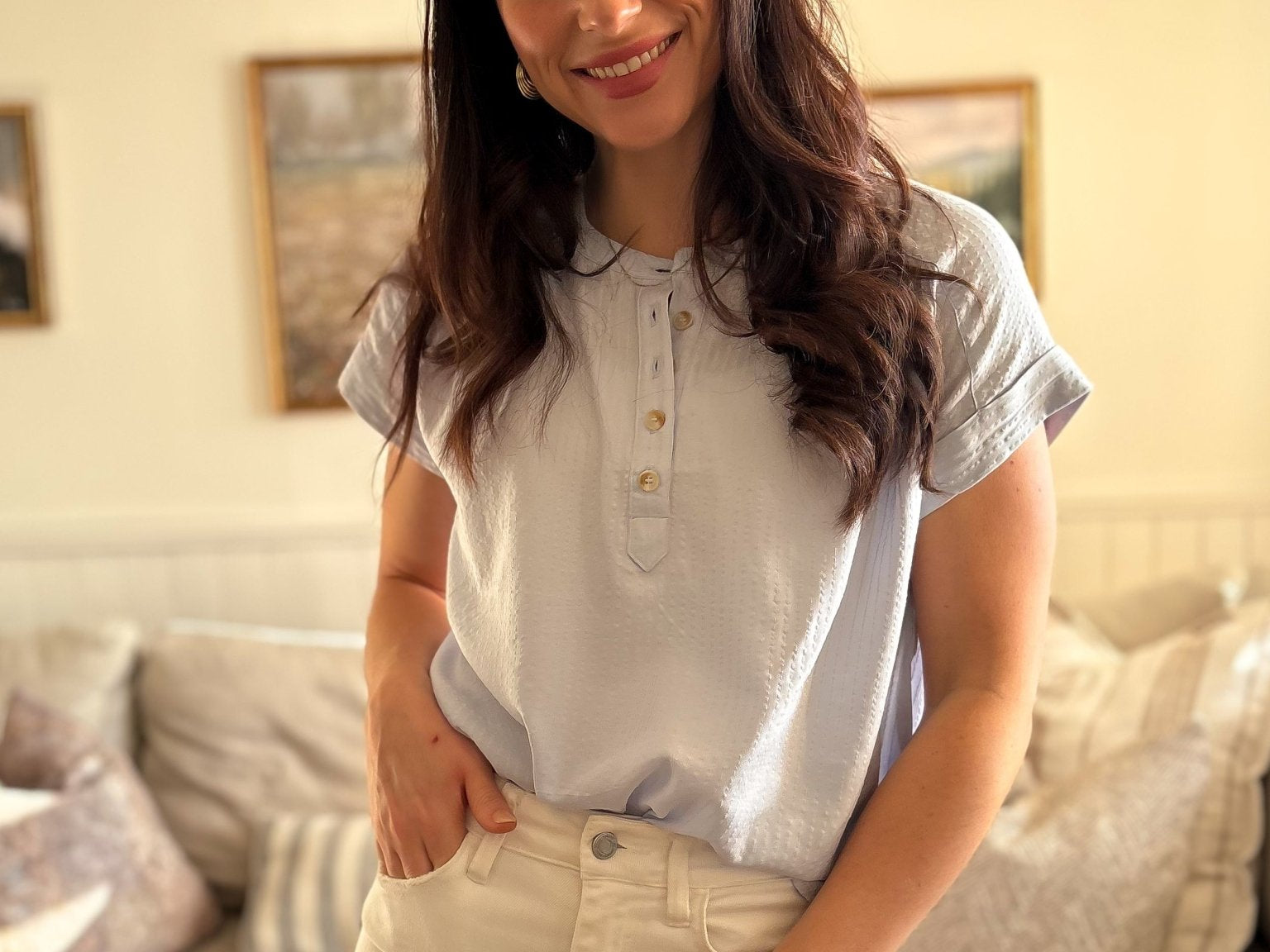 The Ruth Short Sleeve Henley Detail Blouse with Ruched Shoulder - Love and Lee Apparel