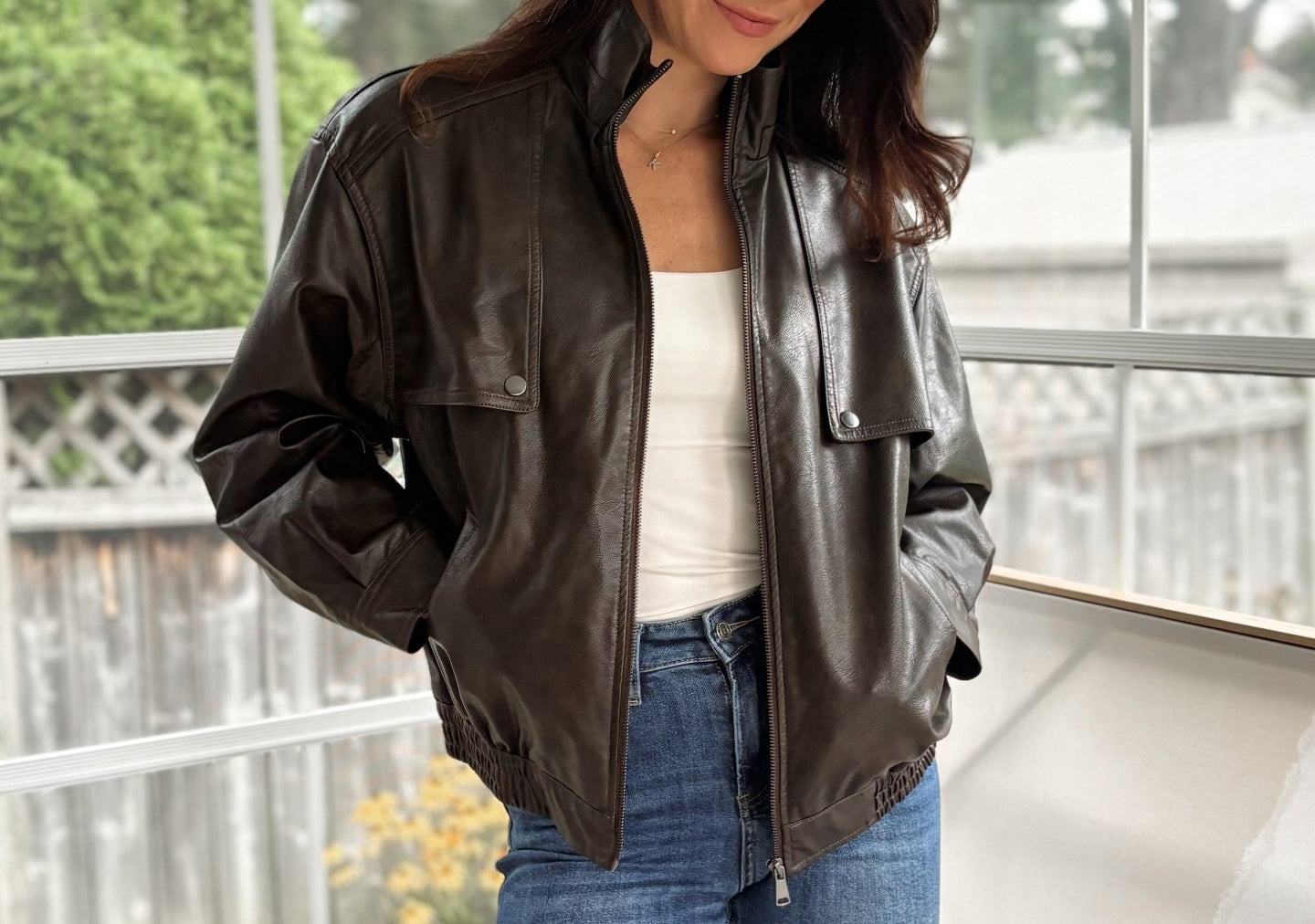 'The Varsity Club' Collared Zip-Up Faux Leather Bomber Jacket - Love and Lee Apparel