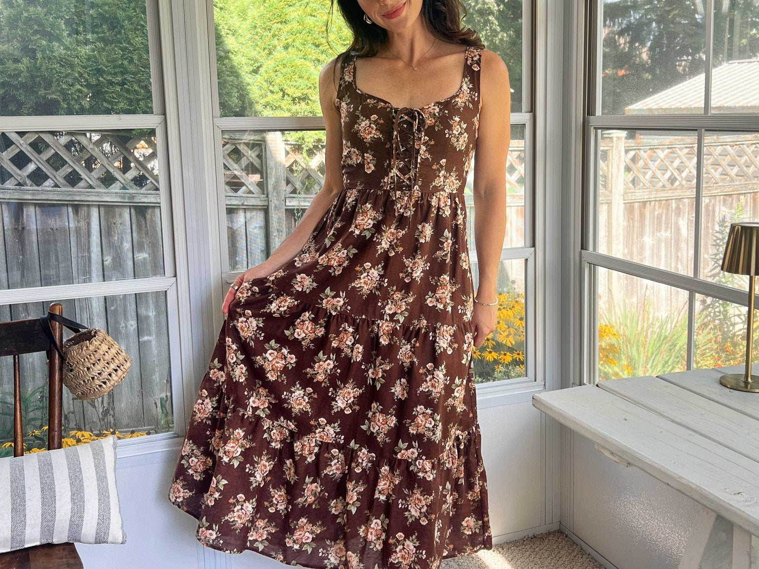 Sloan Floral Front Lace Up Corset Sleeveless Midi Dress - Love and Lee Apparel
