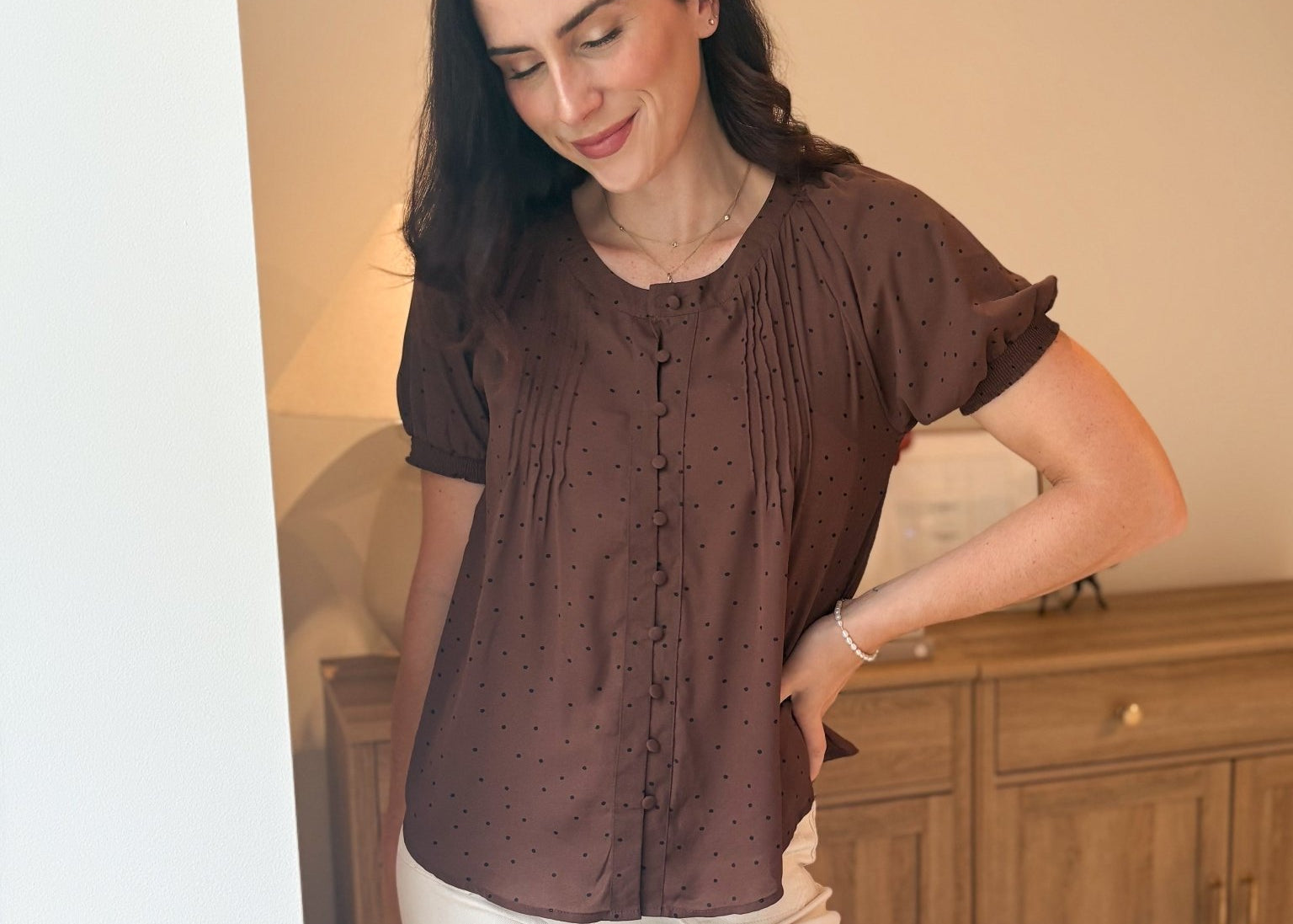 The Mayfair Pintuck Polka Dot Button Down Puff Sleeve Top - Love and Lee Apparel