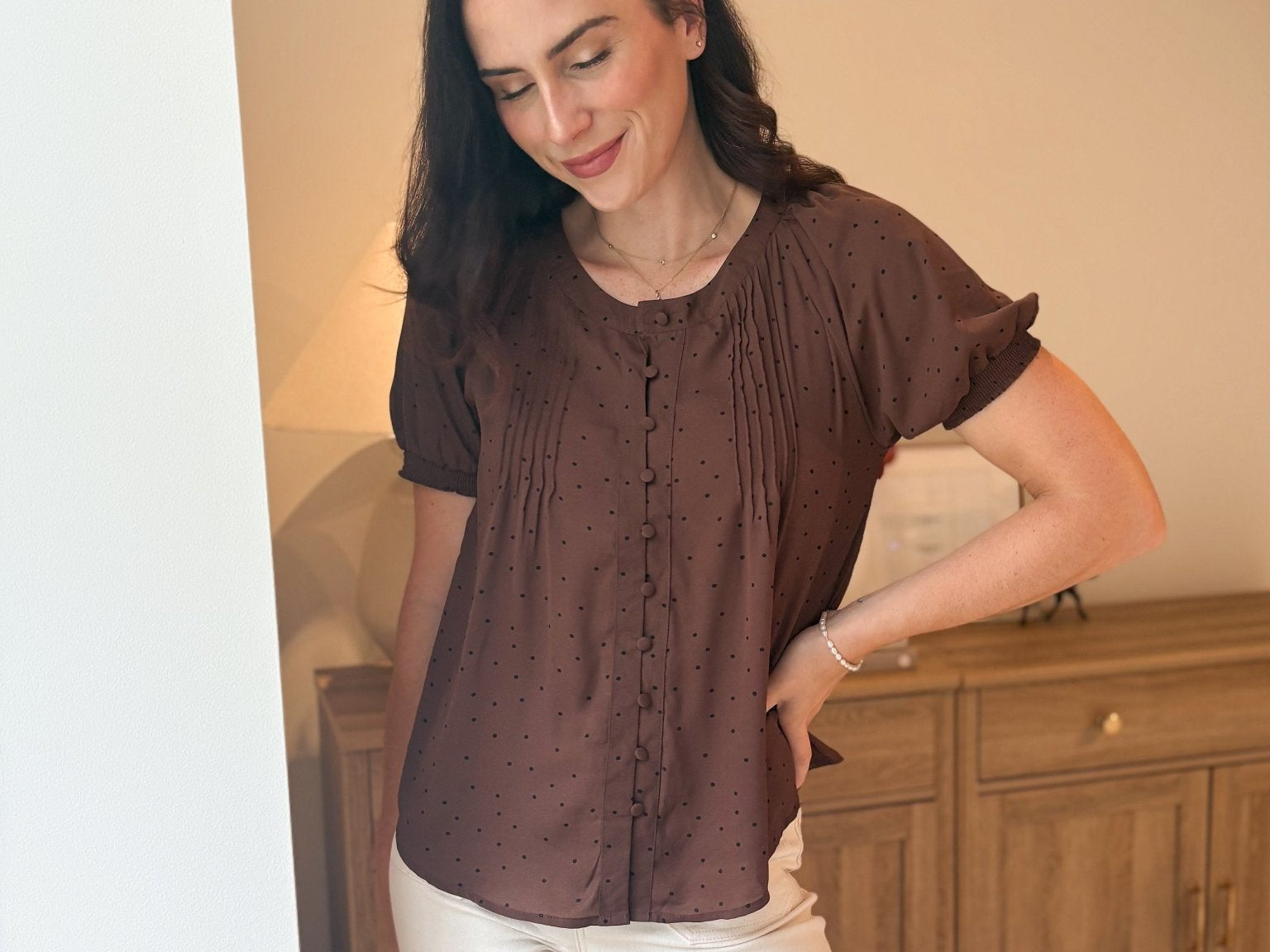 The Mayfair Pintuck Polka Dot Button Down Puff Sleeve Top - Love and Lee Apparel