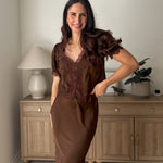 The 'Harvest House' Satin Lace Trim V Neck Puff Sleeve Blouse - Love and Lee Apparel