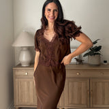 The 'Harvest House' Satin Lace Trim V Neck Puff Sleeve Blouse - Love and Lee Apparel