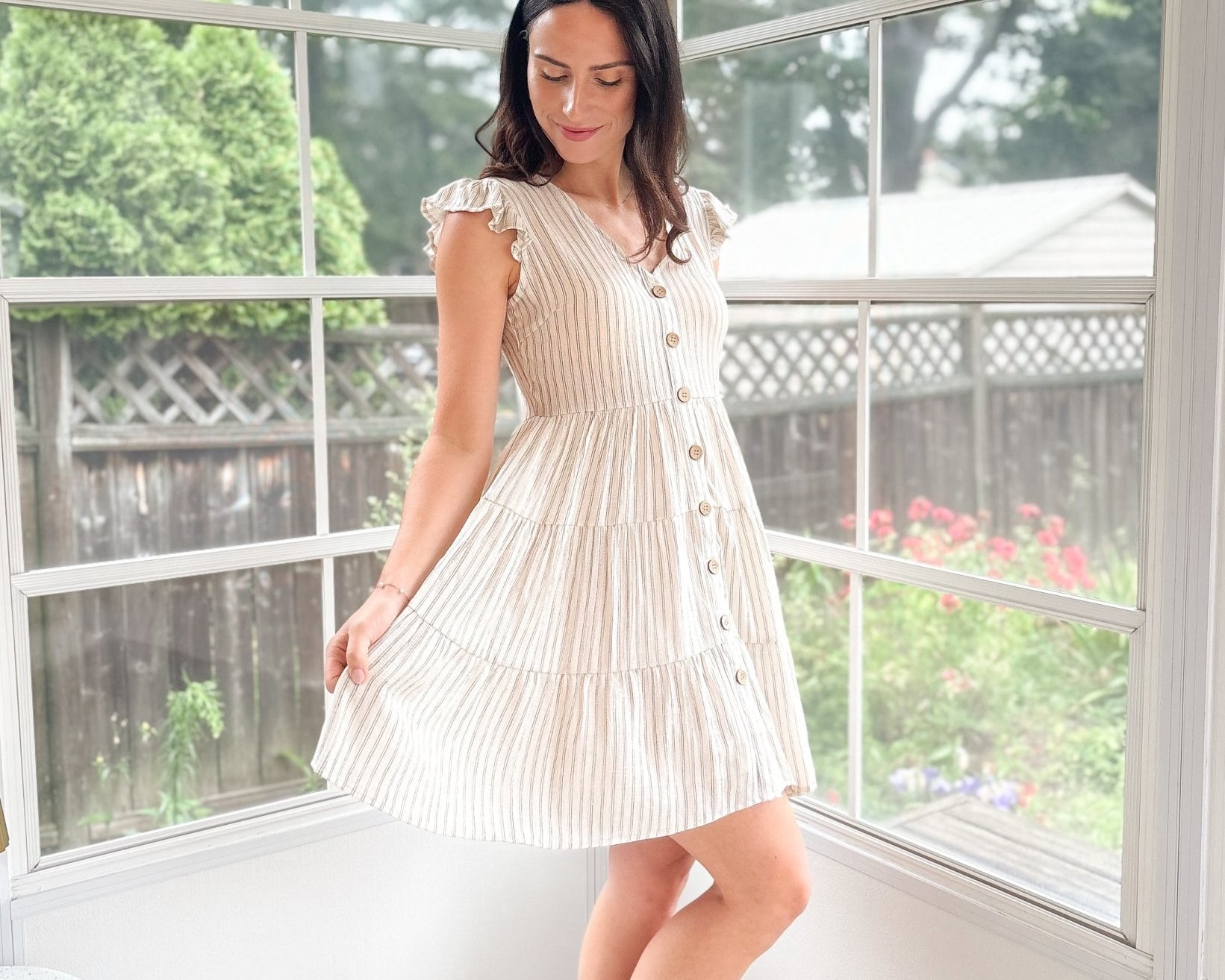 Rhea Stripe V Neck Button Down Tiered Dress - Love and Lee Apparel