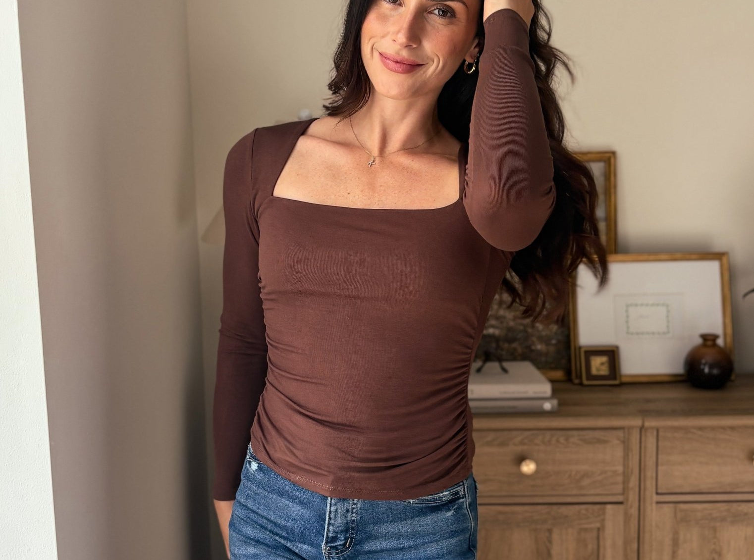 The Pour Another Square Neck Long Sleeve Ruched Side Knit Top - Love and Lee Apparel