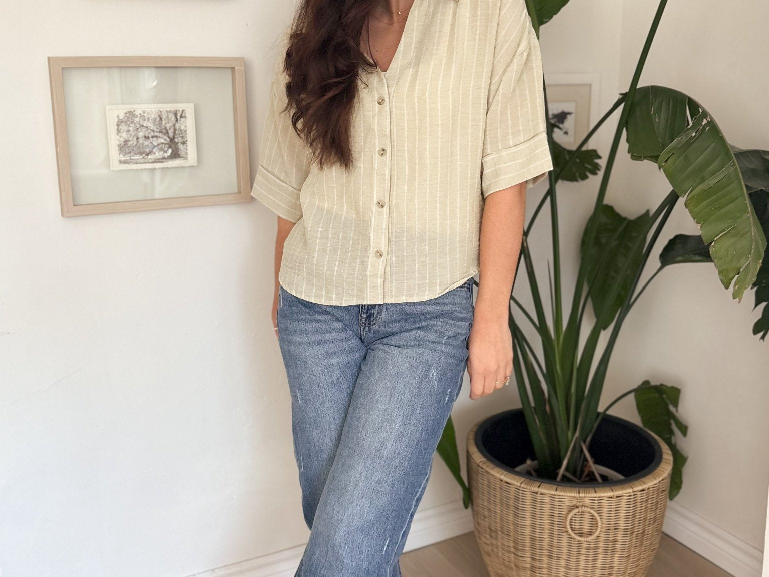 Micheline Pinstripe Collared Button Down 3/4 Sleeve Top - Love and Lee Apparel