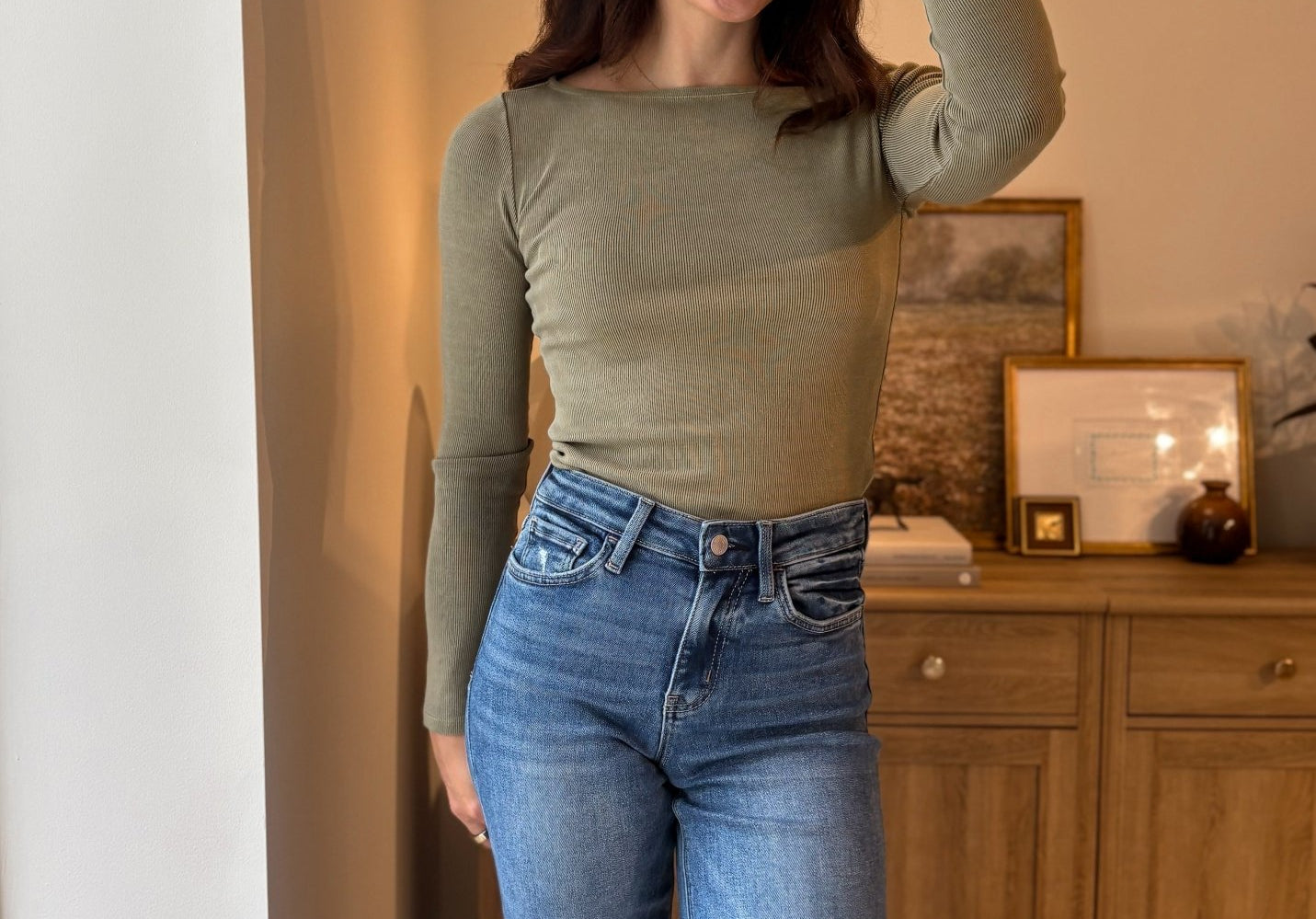 The Strolling Fields Boat Neck Long Sleeve Ribbed Knit Top in Green - Love and Lee Apparel
