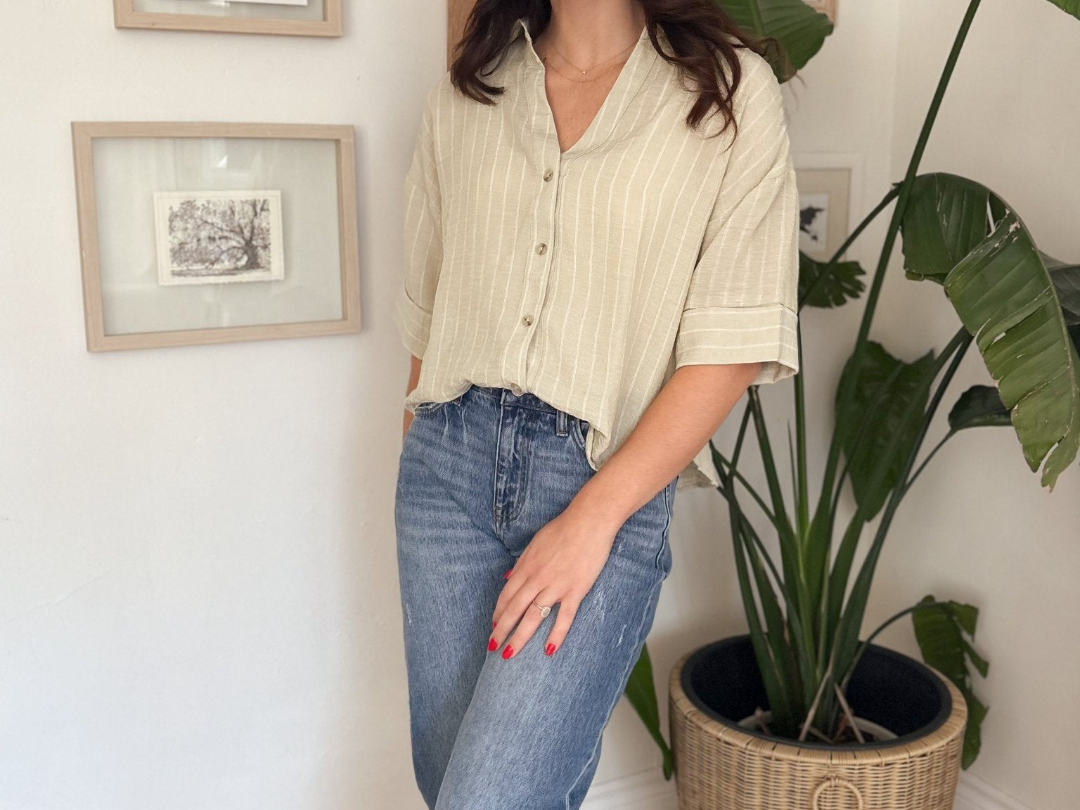 Micheline Pinstripe Collared Button Down 3/4 Sleeve Top - Love and Lee Apparel