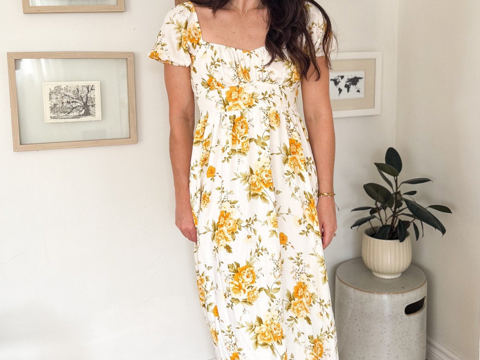 The Irene Floral Ruched Bust Puff Sleeve Midi Dress - Love and Lee Apparel