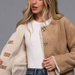 The Monique Long Sleeve Gold Button Closure Inner Fur Faux Suede Jacket - Love and Lee Apparel