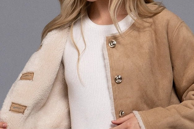 The Monique Long Sleeve Gold Button Closure Inner Fur Faux Suede Jacket - Love and Lee Apparel