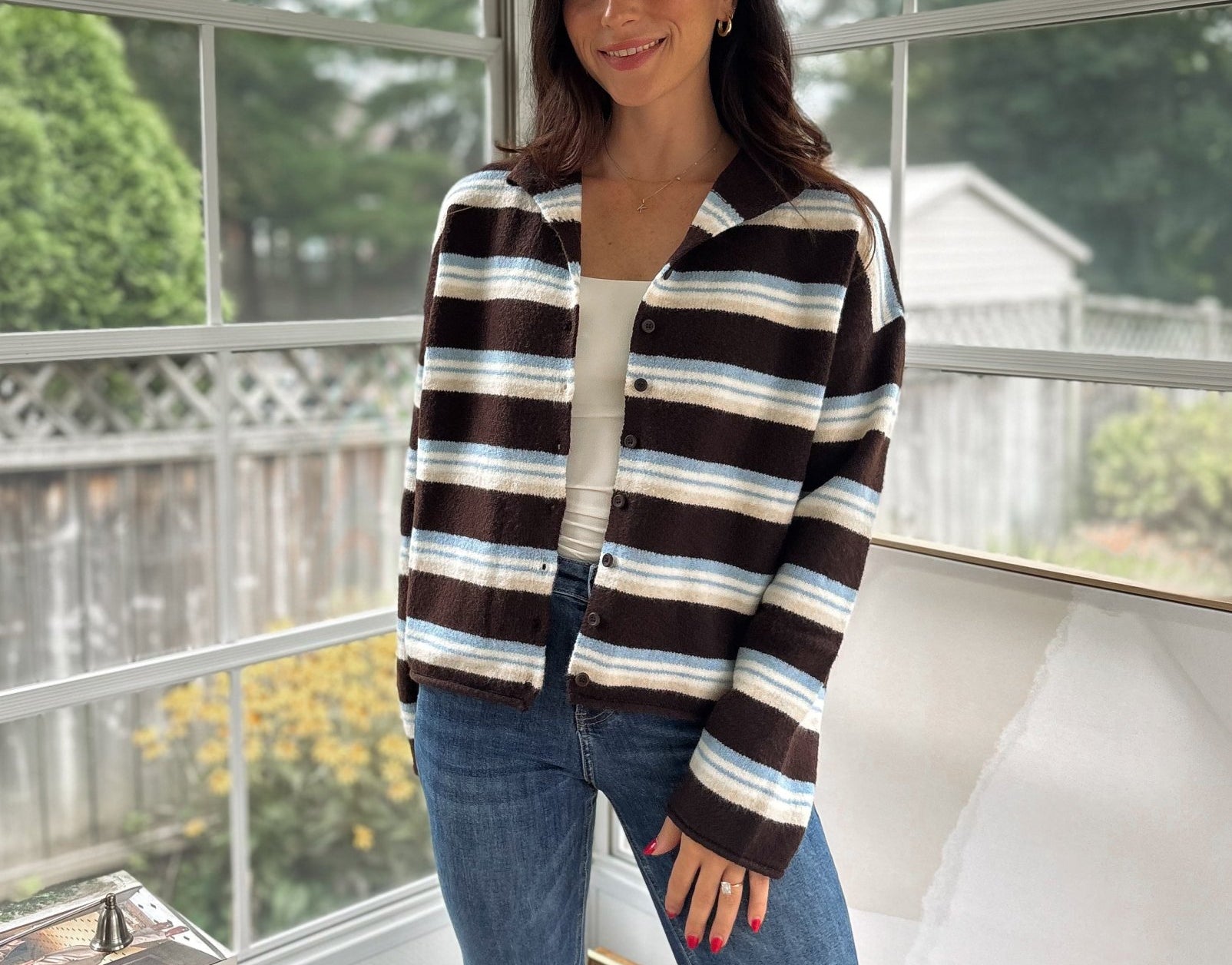 'Yale Bookclub' Multi-Color Stripe Rolled Neck Knit Cardigan - Love and Lee Apparel