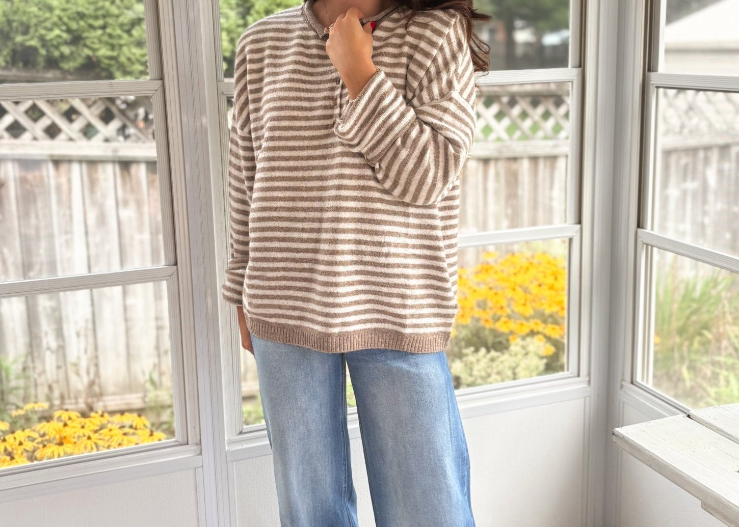 The Clover Button & Stripe Henley Drop Shoulder Sweater - Love and Lee Apparel