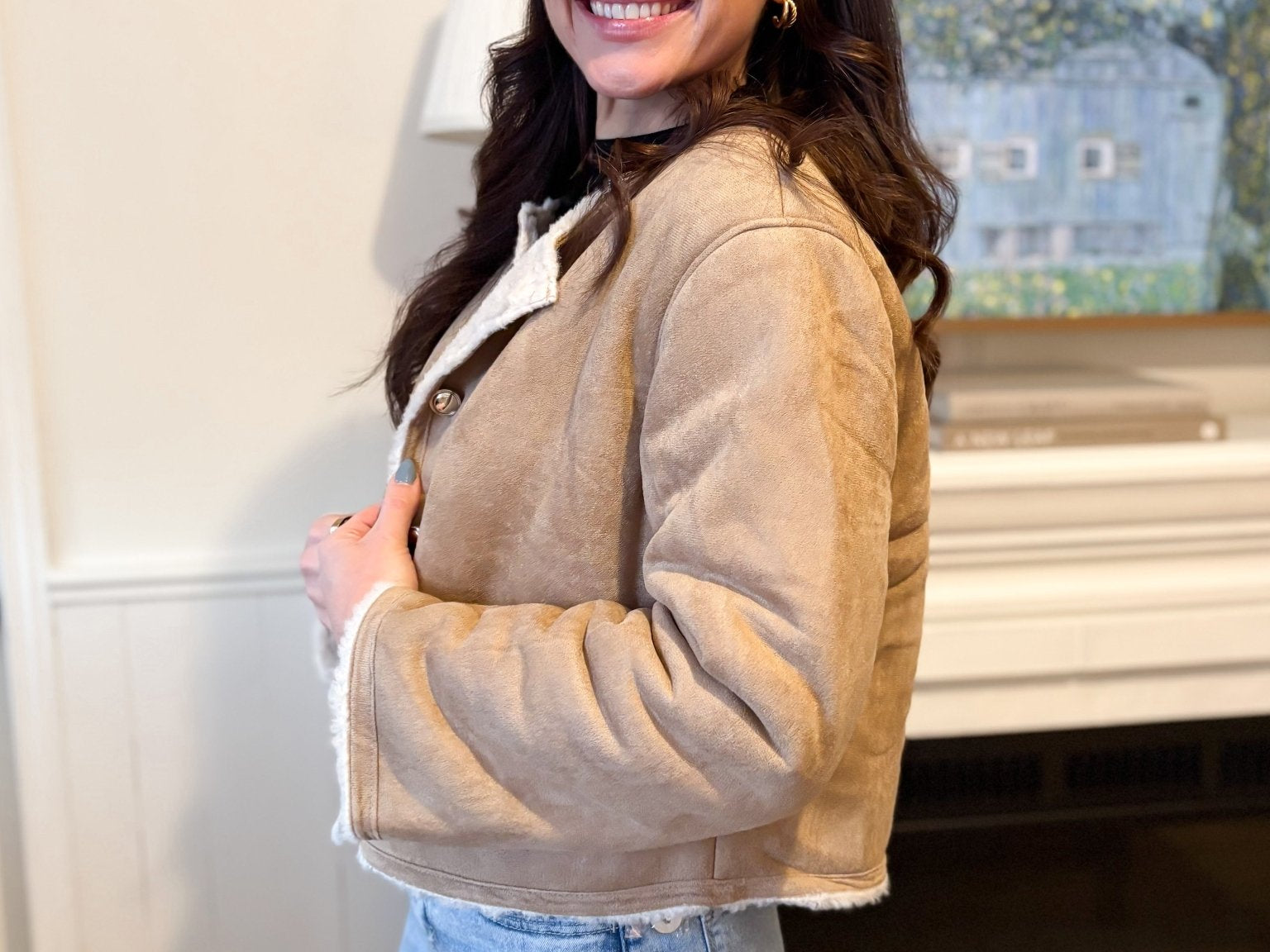 The Monique Long Sleeve Gold Button Closure Inner Fur Faux Suede Jacket - Love and Lee Apparel