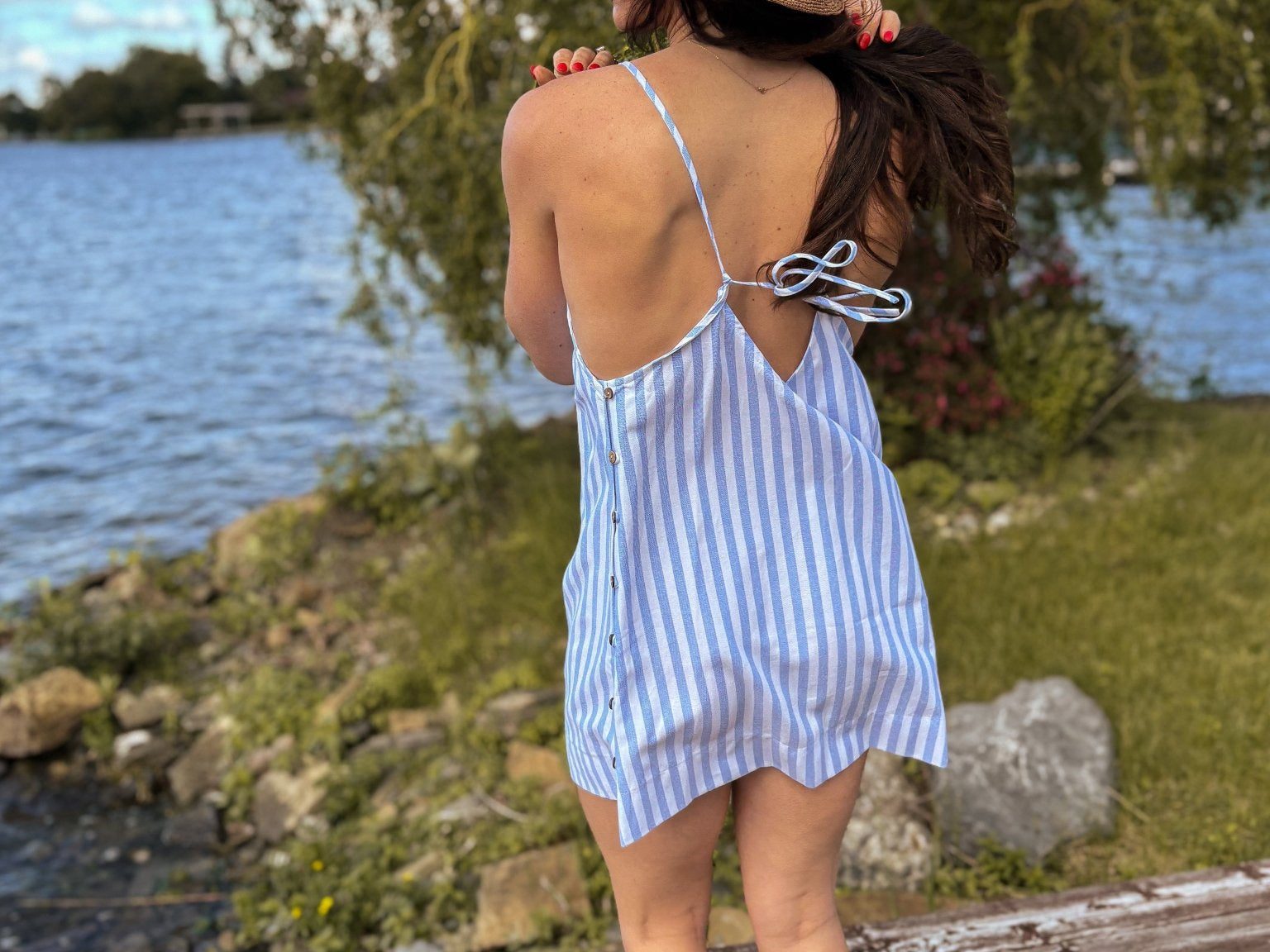 Muskoka Striped Straight Neck Knee-Length Dress in Blue - Love and Lee Apparel