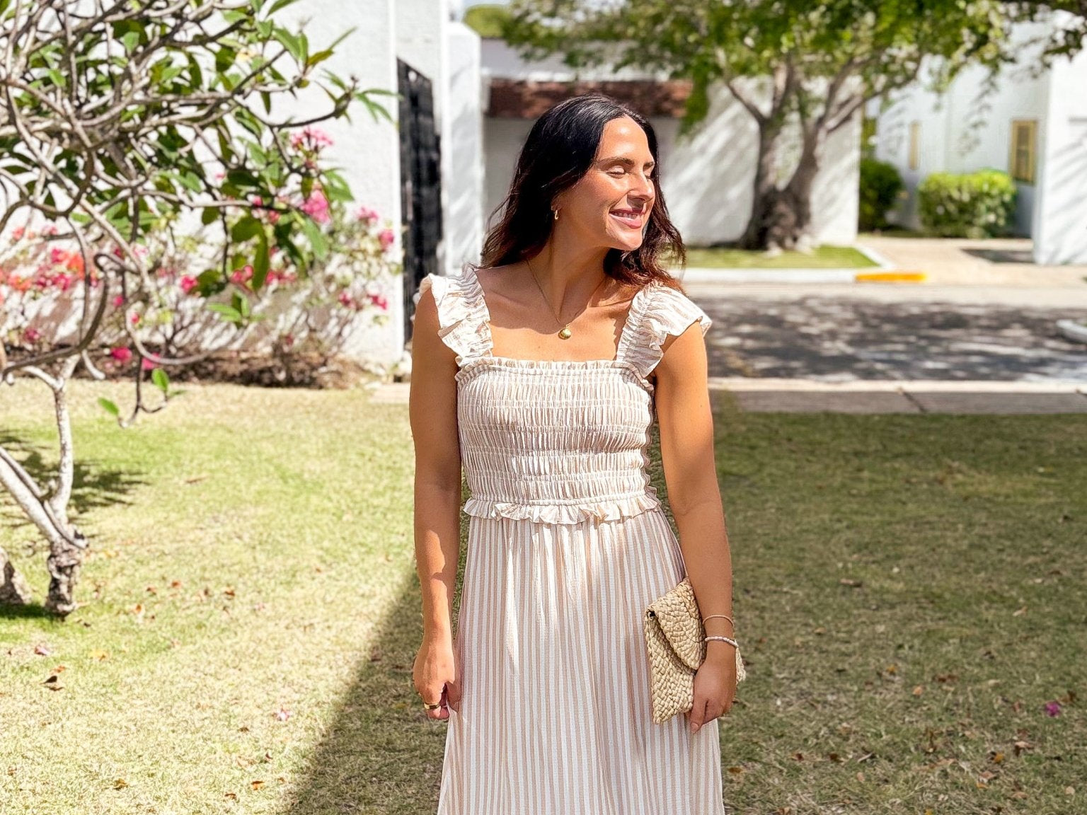 The Macy Stripe Smocked Ruffle Trim Midi Dress - Love and Lee Apparel
