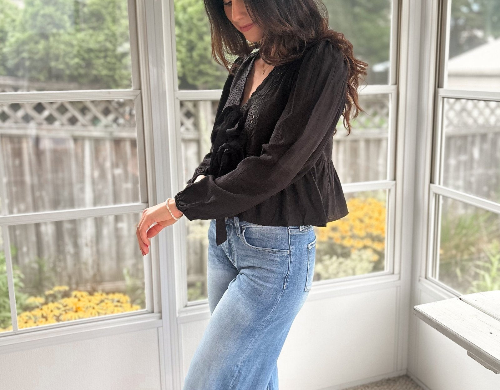 The Stevie Floral Eyelet Embroidery Front Tie Long Sleeve Top - Love and Lee Apparel