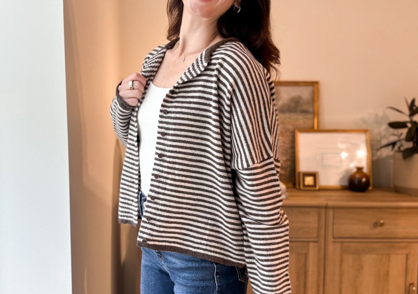 The Autumn Air Stripe Raw Edge Drop Shoulder Knit Cardigan - Love and Lee Apparel