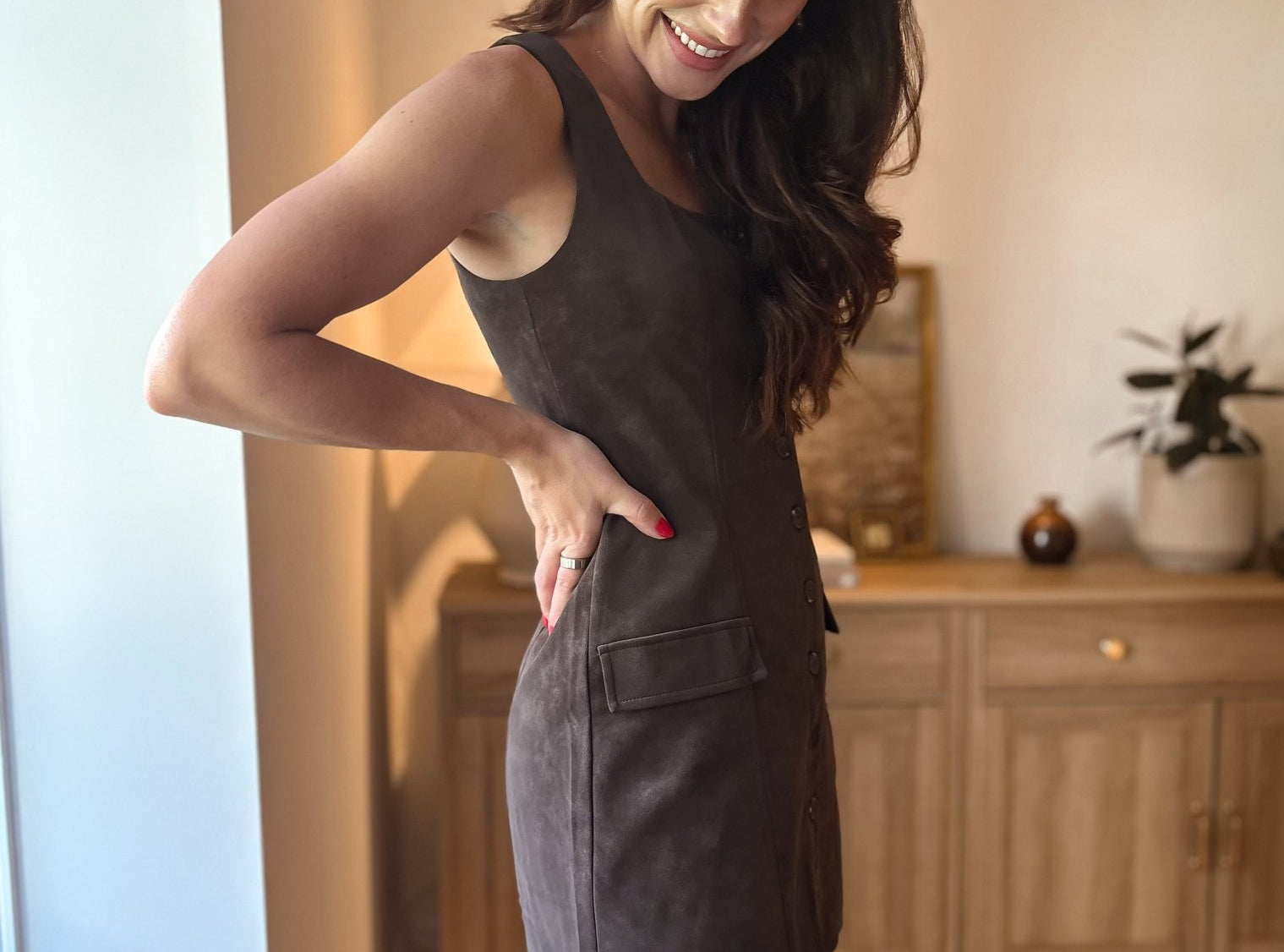 The Dixie Square Neck Button Down Suede Mini Dress in Brown - Love and Lee Apparel
