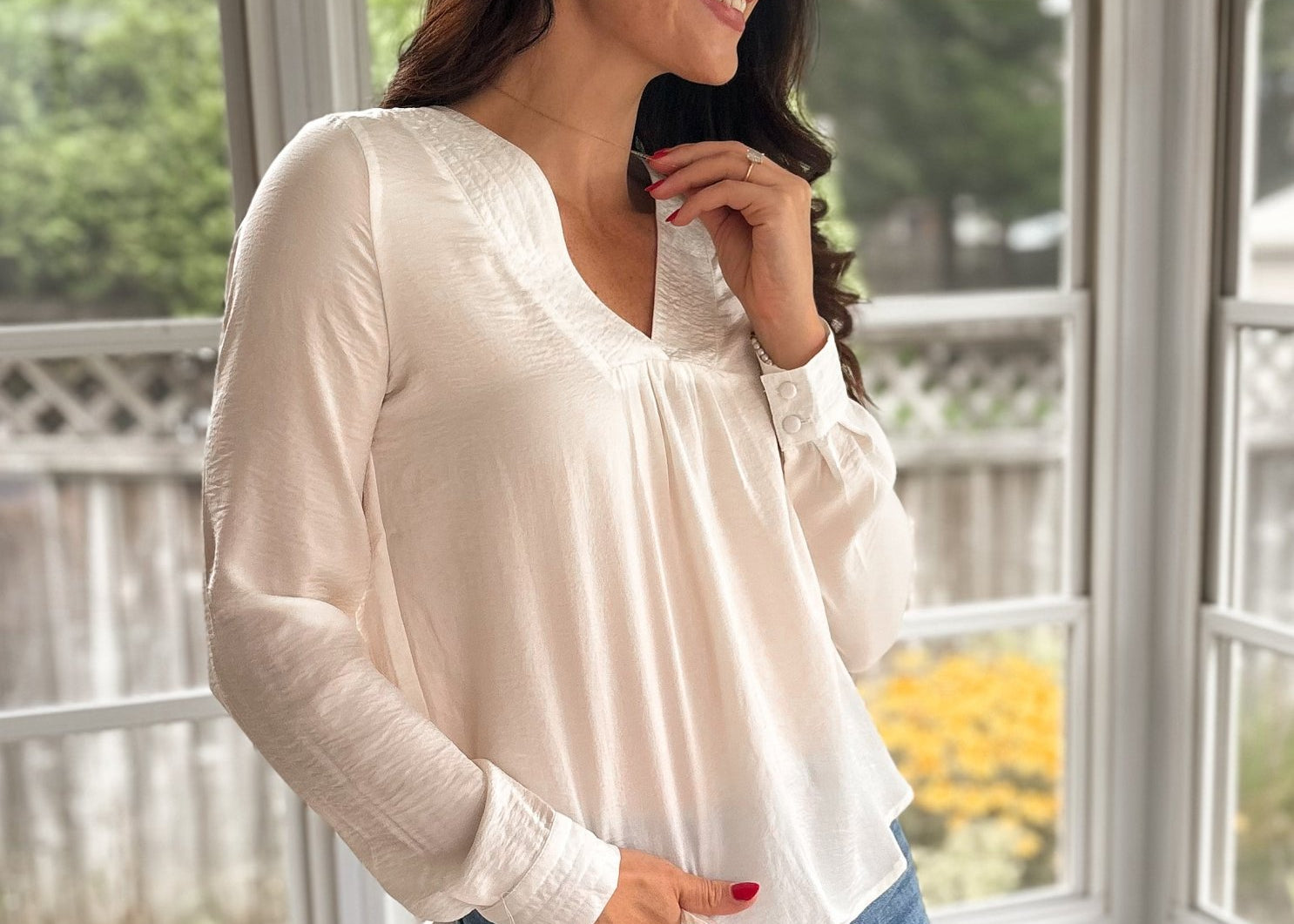 The Marcella Textured Satin V Neck Long Sleeve Blouse - Love and Lee Apparel