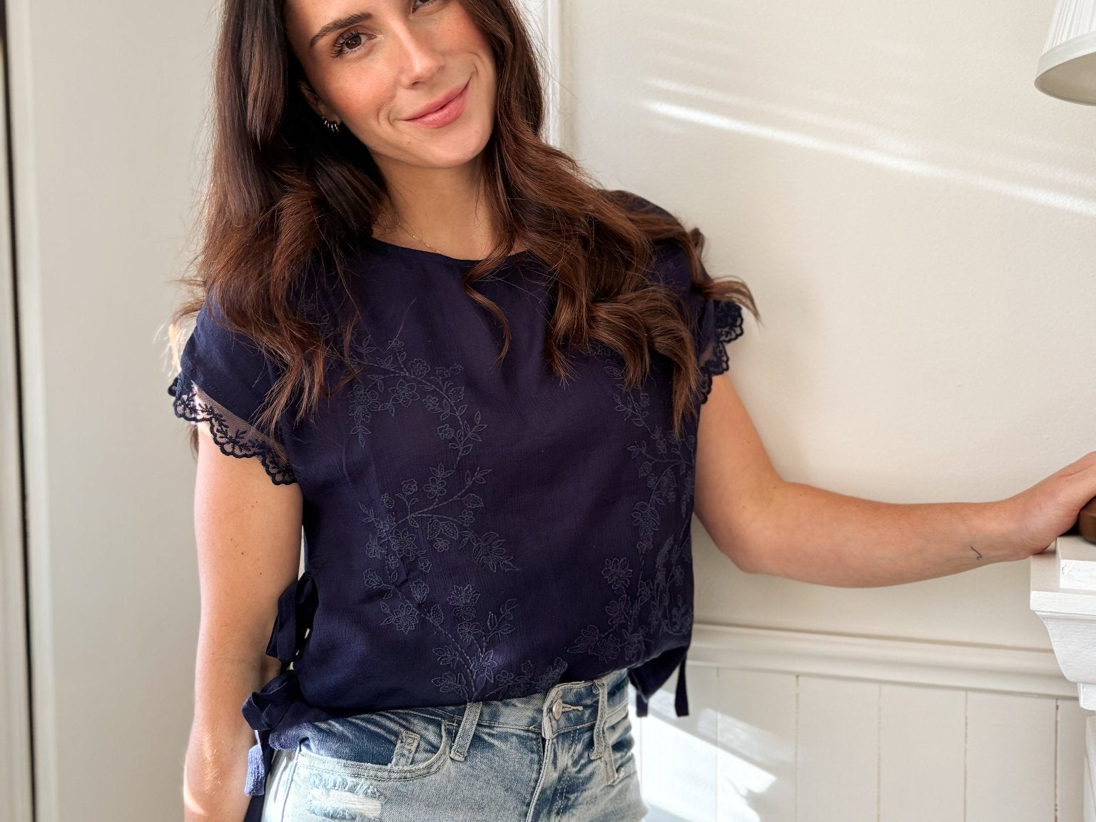 The Tyra Lace Detail Blouse in Navy - Love and Lee Apparel