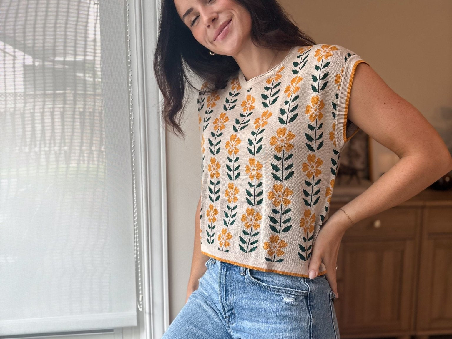 The Hattie Vintage Floral Knit Top Cap Sleeve Lightweight Sweater - Love and Lee Apparel