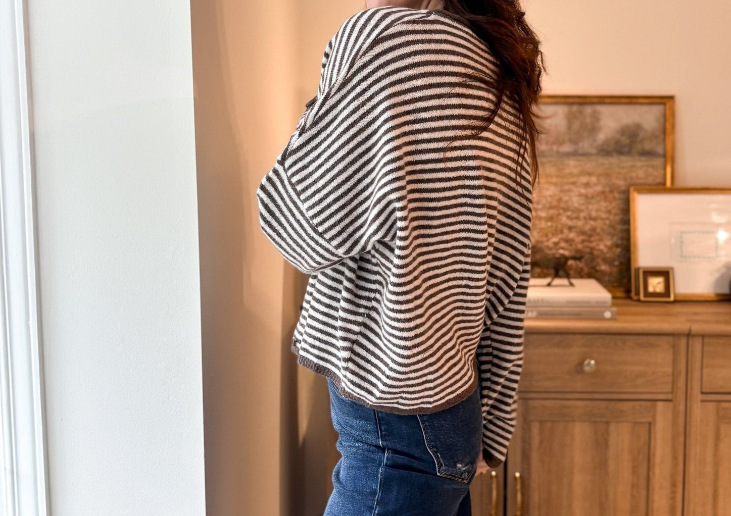 The Autumn Air Stripe Raw Edge Drop Shoulder Knit Cardigan - Love and Lee Apparel