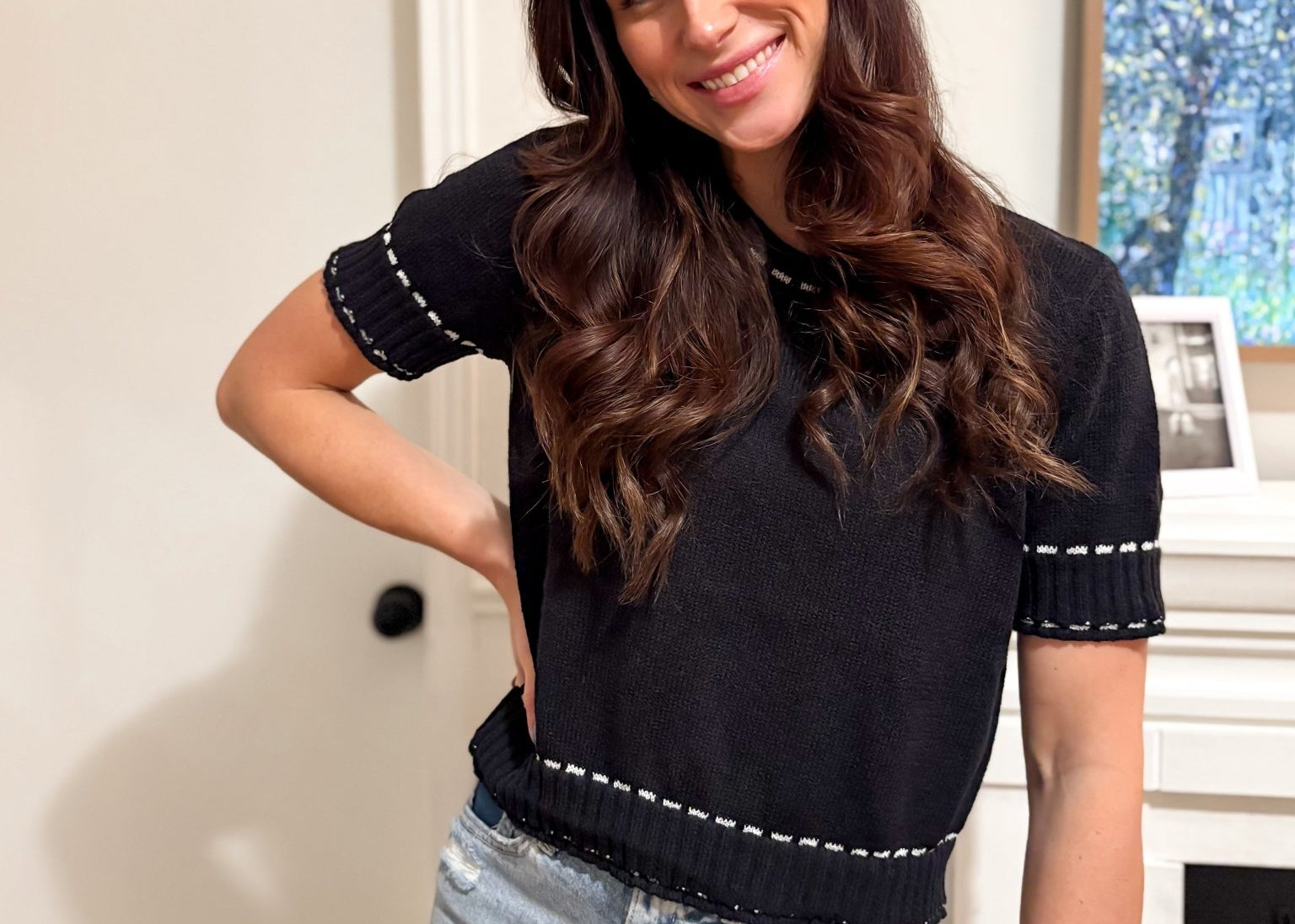 The Rhonda Short Sleeve Sweater with Contrast Stitch in Black - Love and Lee Apparel