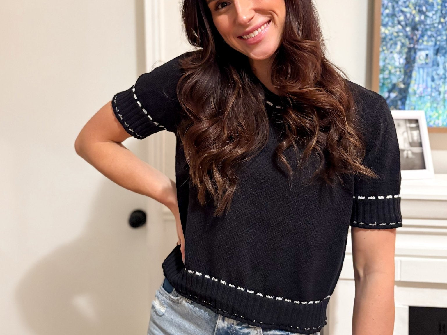 The Rhonda Short Sleeve Sweater with Contrast Stitch in Black - Love and Lee Apparel