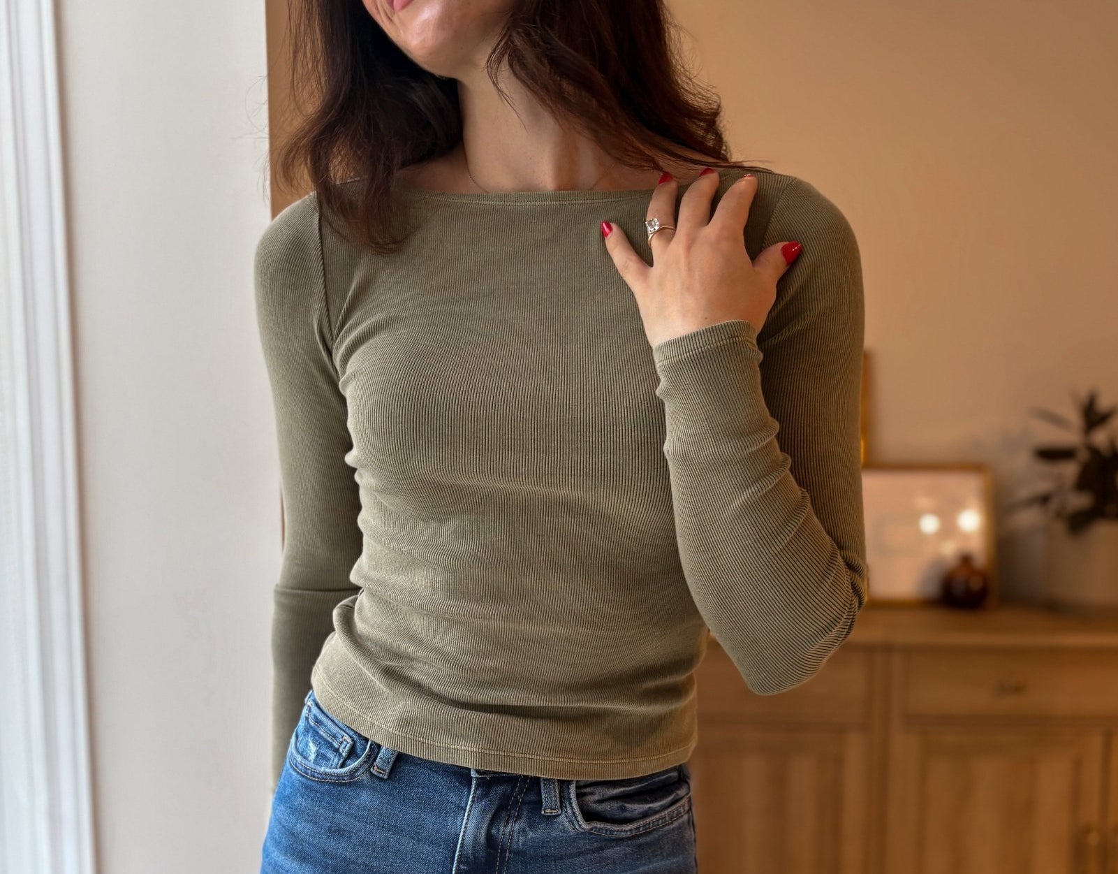 The Strolling Fields Boat Neck Long Sleeve Ribbed Knit Top in Green - Love and Lee Apparel