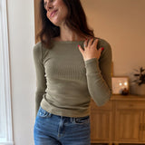 The Strolling Fields Boat Neck Long Sleeve Ribbed Knit Top in Green - Love and Lee Apparel