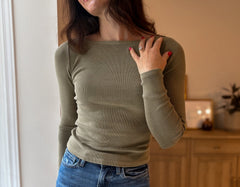 The Strolling Fields Boat Neck Long Sleeve Ribbed Knit Top in Green - Love and Lee Apparel