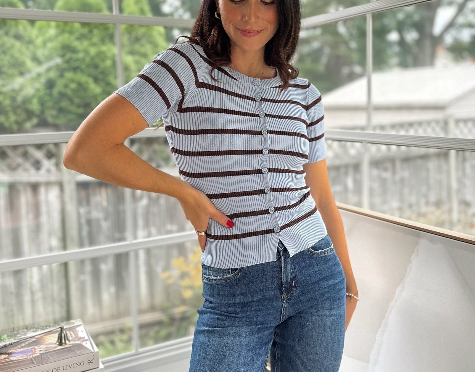 'Collegiate Cutie' Stripe Button Front Split Hem Short Sleeve Top - Love and Lee Apparel