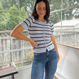 'Collegiate Cutie' Stripe Button Front Split Hem Short Sleeve Top - Love and Lee Apparel