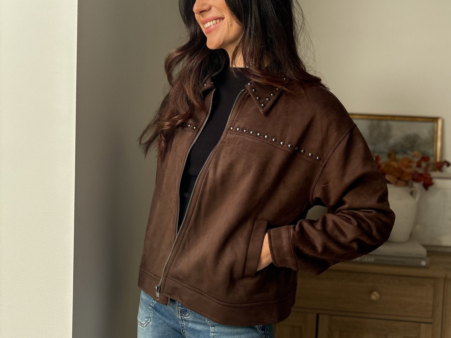 The 'Cozy Fireside' Studded Collared Zip-Up Suede Jacket - Love and Lee Apparel