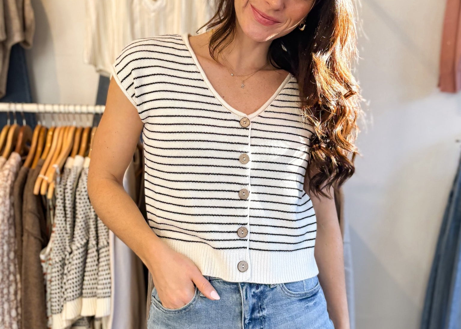 The Elizabeth Stripe Scoop Neck Raw Edge Short Sleeve Cardigan - Love and Lee Apparel
