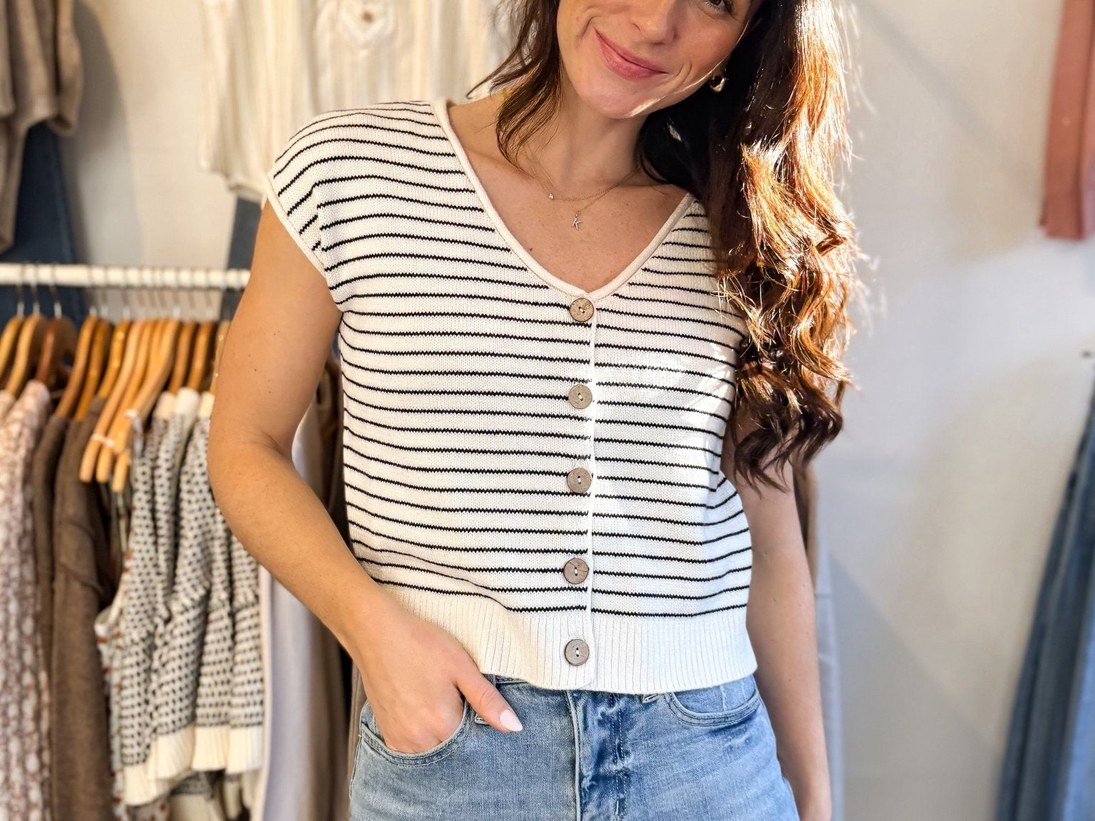The Elizabeth Stripe Scoop Neck Raw Edge Short Sleeve Cardigan - Love and Lee Apparel