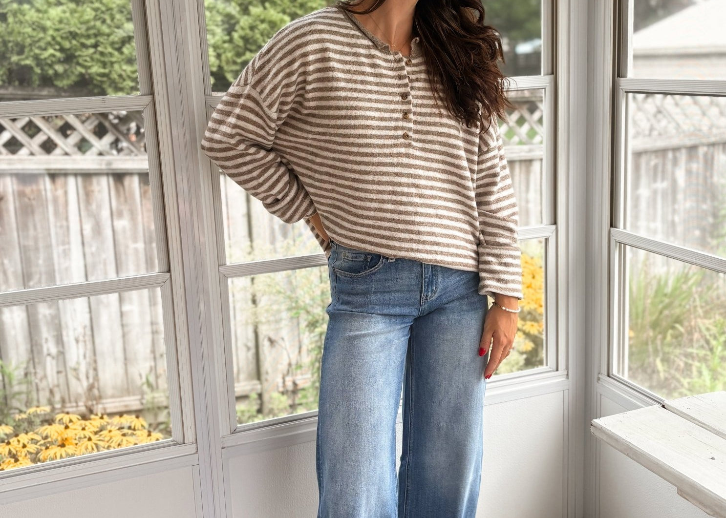 The Clover Button & Stripe Henley Drop Shoulder Sweater - Love and Lee Apparel