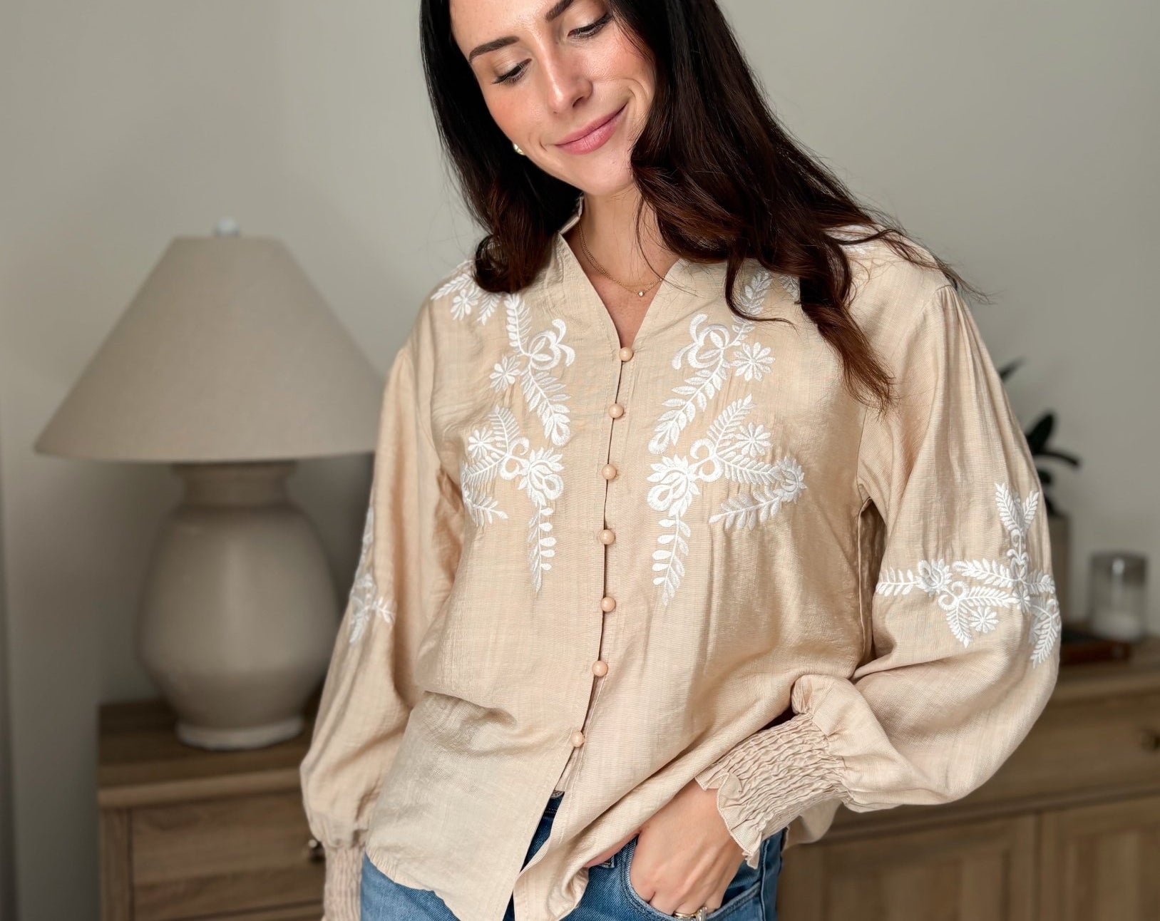 The Aspen Floral Embroidered Cotton Blend Blouse Boho Puff Sleeve - Love and Lee Apparel