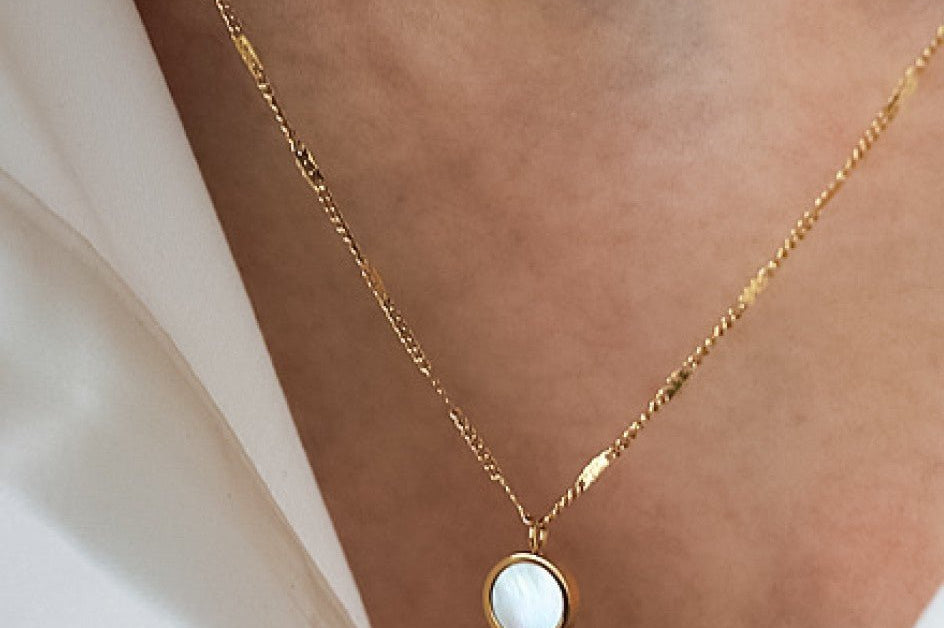 Double Layered Necklace with Dainty Chain and Opal Disc Charm - 18K Gold Plated - Love and Lee Apparel