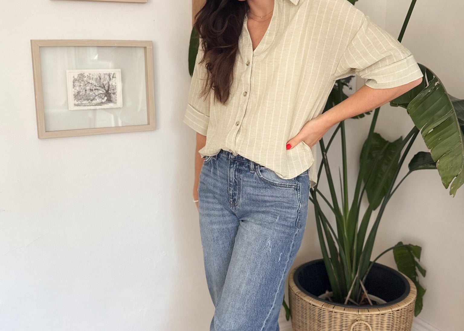 Micheline Pinstripe Collared Button Down 3/4 Sleeve Top - Love and Lee Apparel
