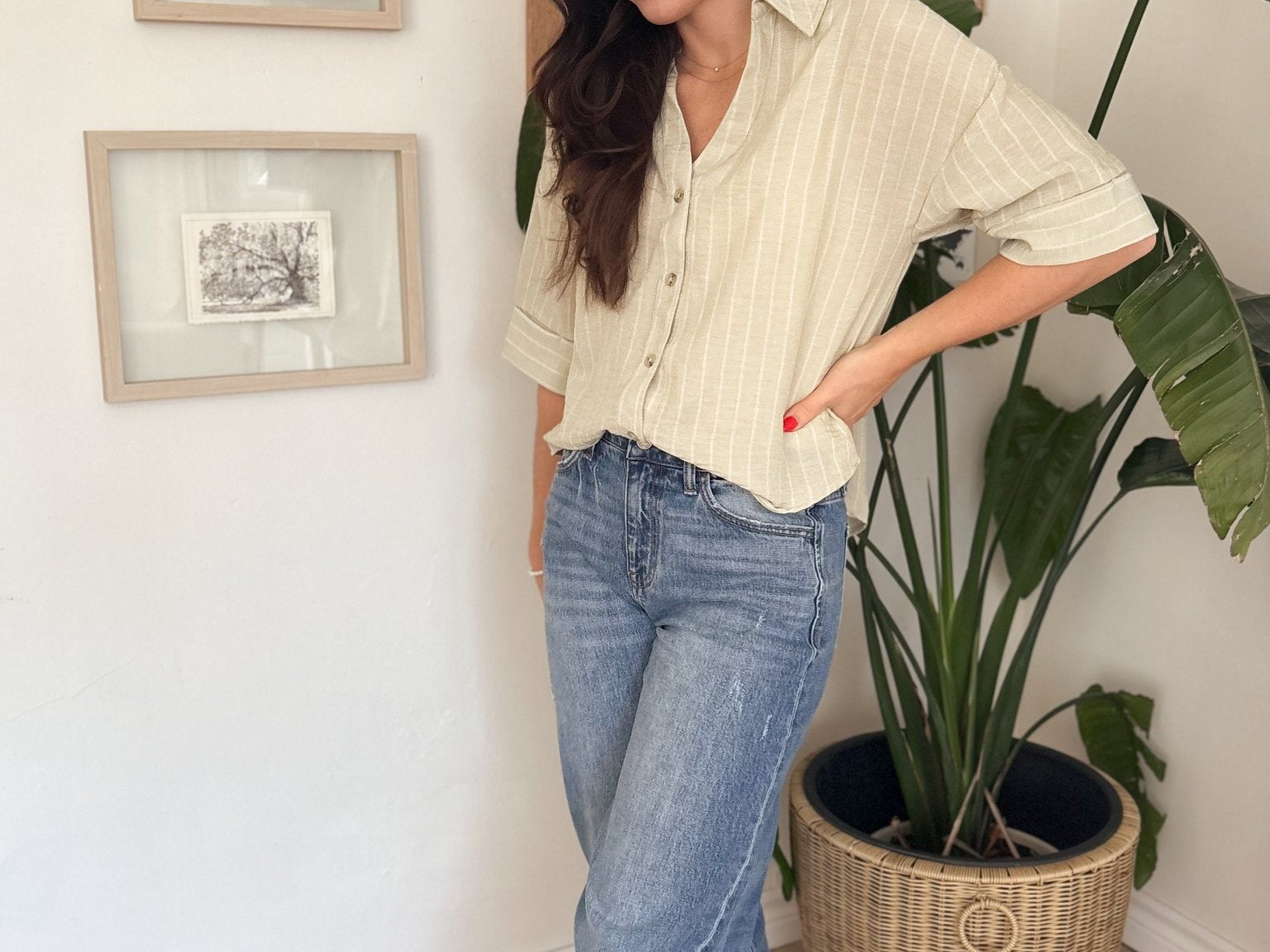 Micheline Pinstripe Collared Button Down 3/4 Sleeve Top - Love and Lee Apparel