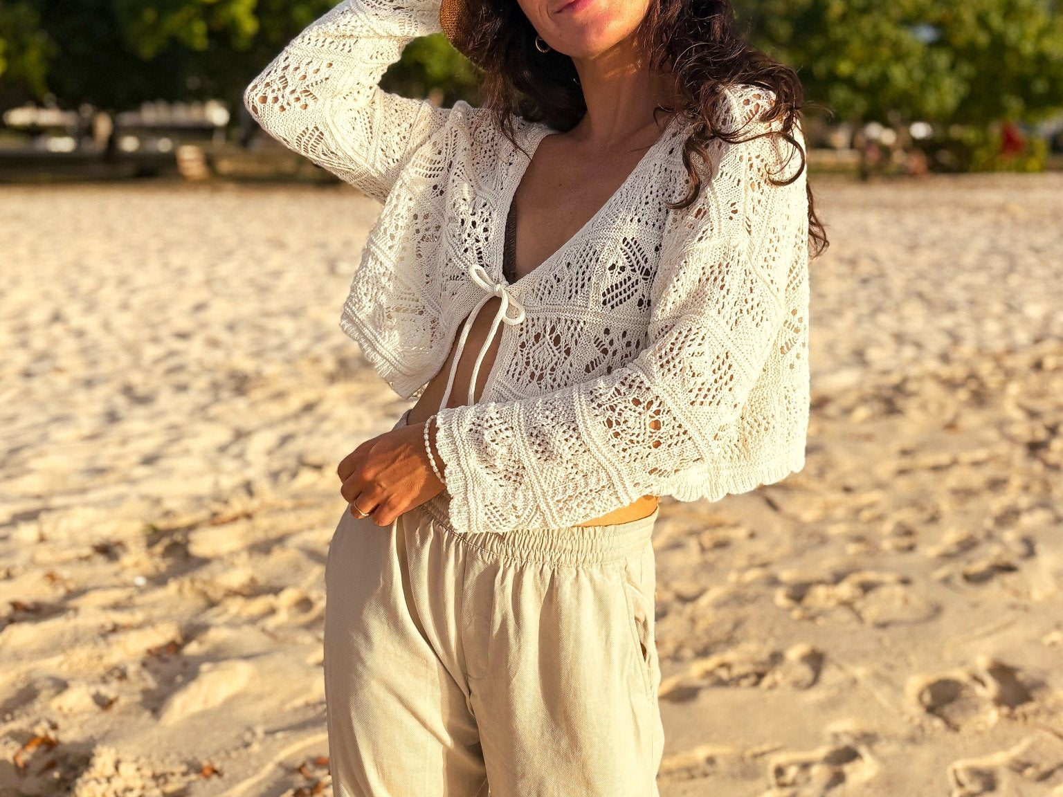 The Beachy Crochet Tie Up Cardigan in Cloud Dancer - Love and Lee Apparel