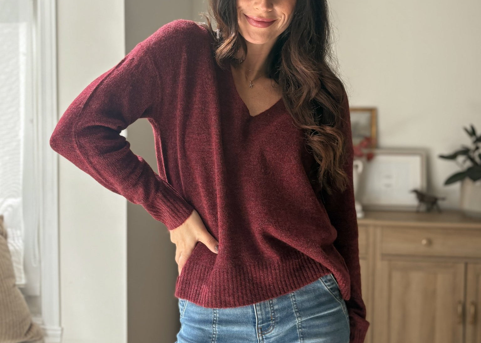 The 'Elanora' Long Sleeve V-Neck Pullover Knit in Cabernet - Love and Lee Apparel